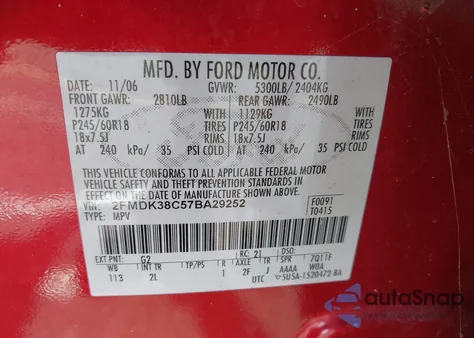 2007 Ford Edge Sel from USA, damaged, VIN 2FMDK38C57BA29252